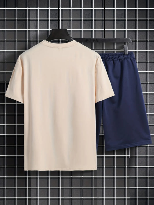 Mens Summer Shorts + T-Shirt Set - TTMSS10 - Cream Navy Blue