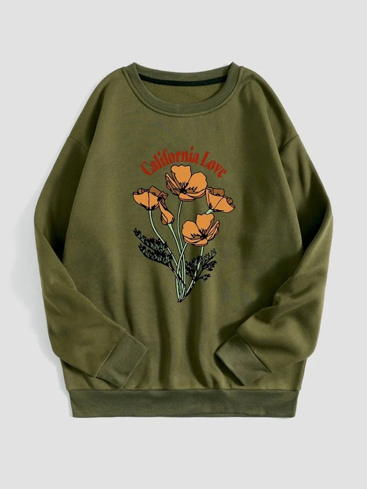 Groove Round Neck Printed Fleece Sweatshirt APRIN40 - Khaki Green
