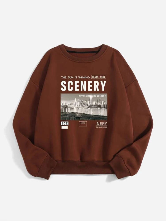 Groove Round Neck Printed Fleece Sweatshirt APRIN35 - Brown