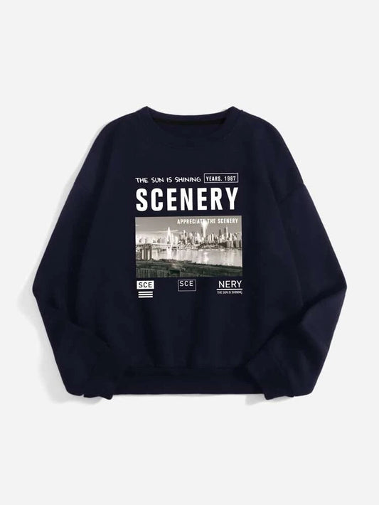 Groove Round Neck Printed Fleece Sweatshirt APRIN35 - Navy Blue