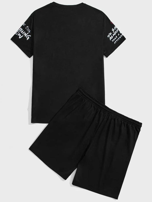Mens Printed T-Shirt and Shorts Co Ord Set MCSPR29 - Black Black