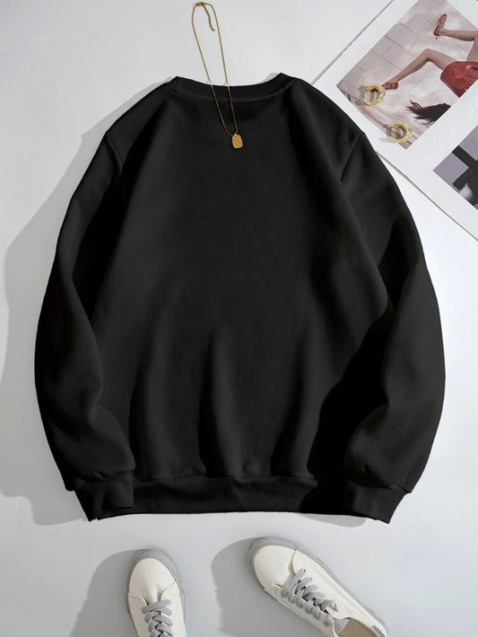Groove Round Neck Printed Fleece Sweatshirt APRIN255 - Black