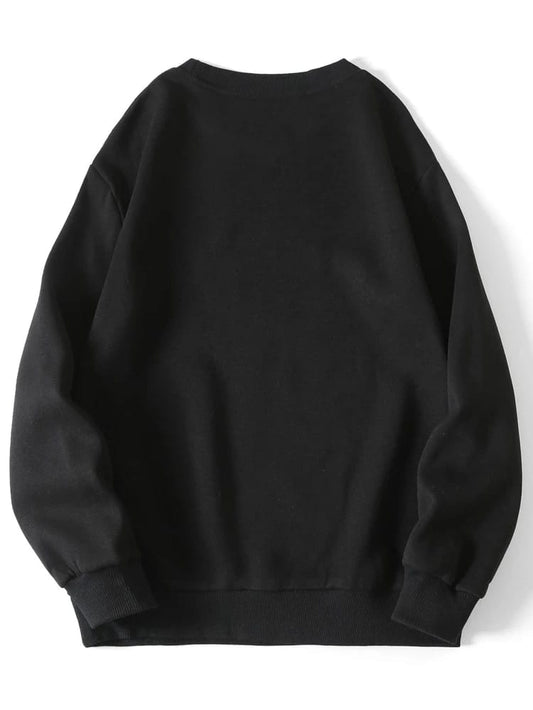 Groove Round Neck Printed Fleece Sweatshirt APRIN1 - Black