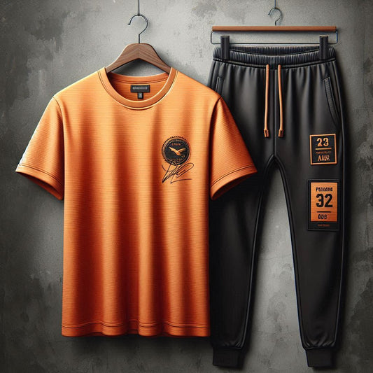 Mens Pants + T-Shirt Printed Set by Tee Tall - TTMPTZS47 - Orange Black
