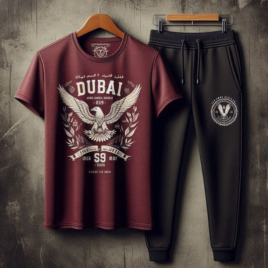 Mens Pants + T-Shirt Printed Set by Tee Tall - TTMPTZS52 - Maroon Black
