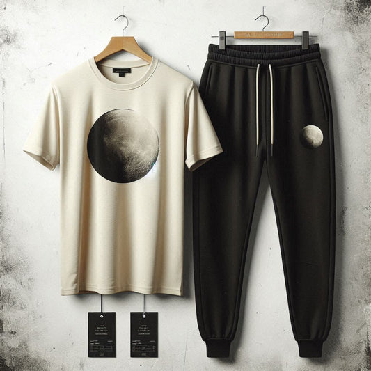 Mens Pants + T-Shirt Printed Set by Tee Tall - TTMPTZS53 - Cream Black