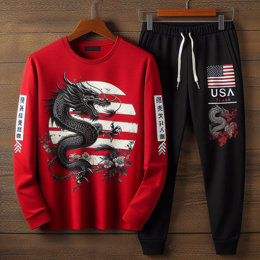 Mens Printed Full Sleeve T-Shirt and Pants Co Ord Set GMCSPFSTP1 - Red Black