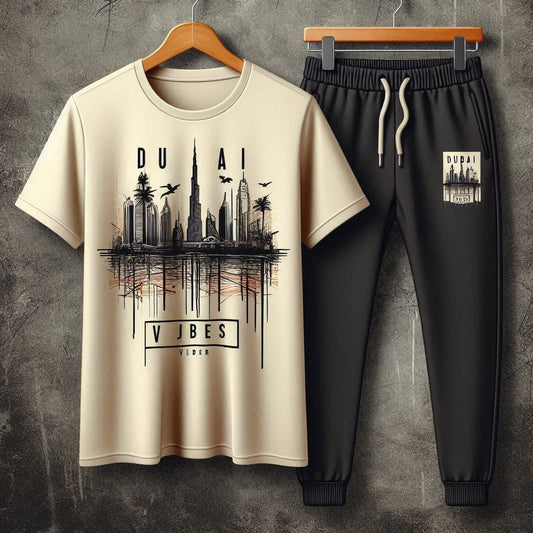 Mens Pants + T-Shirt Printed Set by Tee Tall - TTMPTZS64 - Cream Black