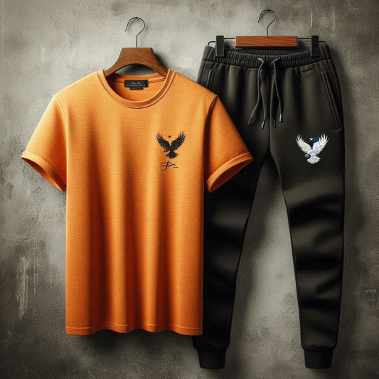 Mens Pants + T-Shirt Printed Set by Tee Tall - TTMPTZS46 - Orange Black