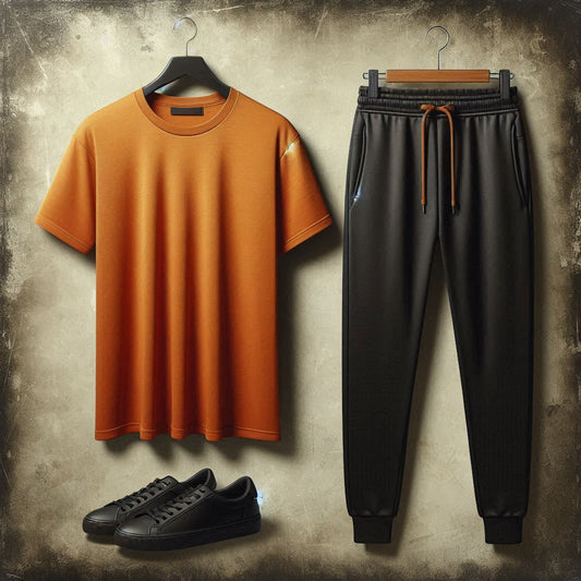 Mens Summer Pants + T-Shirt Set - TTMLTJP1 - Orange Black