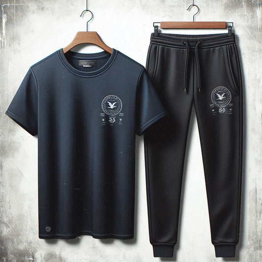 Mens Pants + T-Shirt Printed Set by Tee Tall - TTMPTZS44 - Navy Blue Black