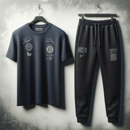 Mens Pants + T-Shirt Printed Set by Tee Tall - TTMPTZS45 - Navy Blue Black