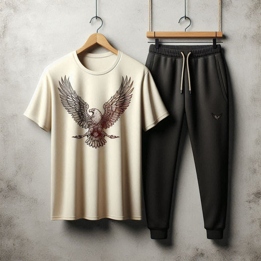 Mens Pants + T-Shirt Printed Set by Tee Tall - TTMPTZS39 - Cream Black