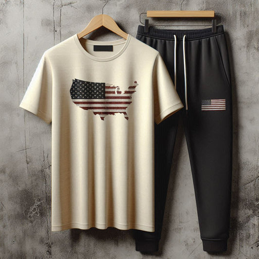 Mens Pants + T-Shirt Printed Set by Tee Tall - TTMPTZS57 - Cream Black
