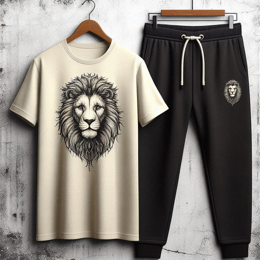 Mens Pants + T-Shirt Printed Set by Tee Tall - TTMPTZS43 - Cream Black