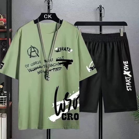 Mens Printed T-Shirt and Shorts Co Ord Set MCSPR2 - Green Black