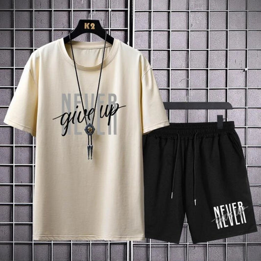 Mens Summer Shorts + T-Shirt Set - TTMSS99 - Cream Black