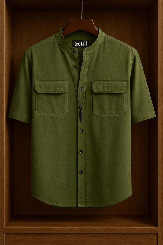 Mens Button Up Cotton Half Sleeve Shirt TTMBUS418 - Olive Green