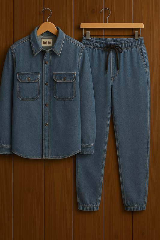 Mens Button Up Cotton Chambray Denim Full Sleeve Shirt and Pants Set TTMSPTS19 - Blue