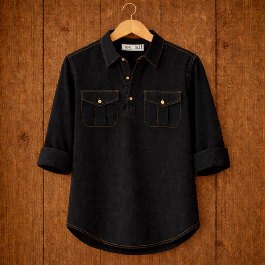 Mens Short Cotton Full Sleeve Kurta TTMSK90 - Black