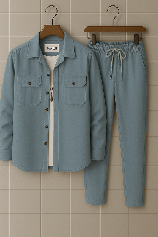 Mens Button Up Cotton Chambray Denim Full Sleeve Shirt and Pants Set TTMSPTS32 - Blue