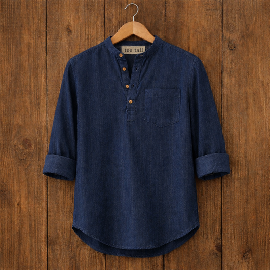 Mens Short Cotton Chambray Full Sleeve Kurta TTMSK1 - Blue