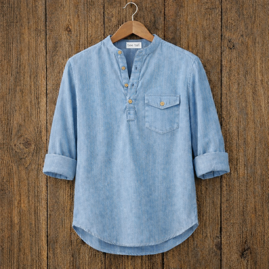 Mens Short Cotton Chambray Full Sleeve Kurta TTMSK12 - Blue