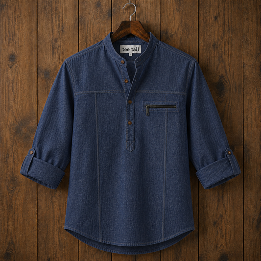 Mens Short Cotton Chambray Full Sleeve Kurta TTMSK177 - Blue