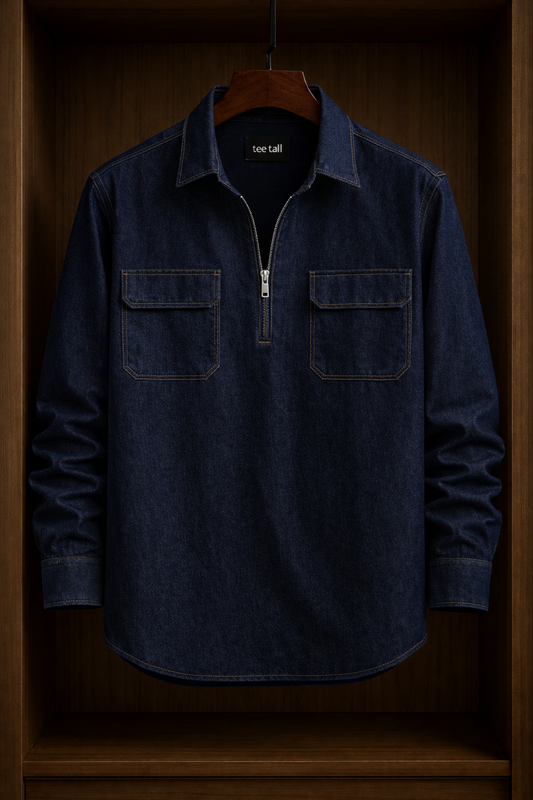 Mens Half Placket Zip Denim Chambray Cotton Full Sleeve Shirt TTMBUS188 - Blue