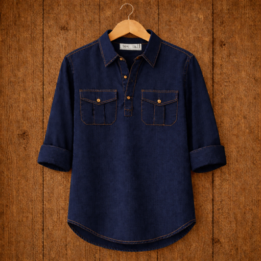Mens Short Cotton Full Sleeve Kurta TTMSK92 - Navy Blue