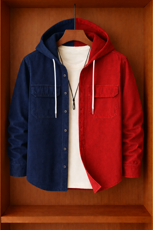 Mens Button Up Cotton Hooded Full Sleeve Shirt TTMBUS143 - Navy Blue Red