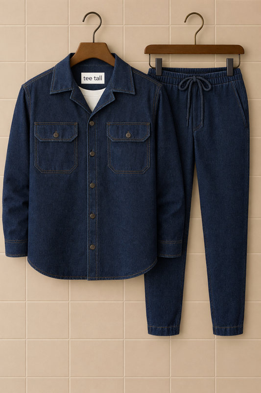 Mens Button Up Cotton Chambray Denim Full Sleeve Shirt and Pants Set TTMSPTS36 - Blue