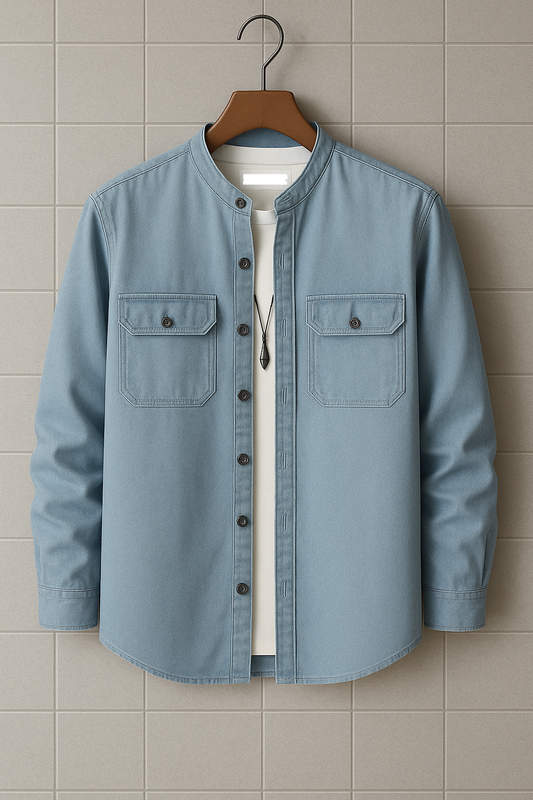 Mens Button Up Denim Chambray Cotton Full Sleeve Shirt TTMBUS89 - Blue