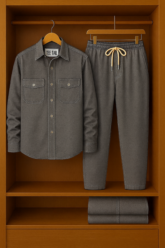 Mens Button Up Cotton Chambray Denim Full Sleeve Shirt and Pants Set TTMSPTS13 - Grey