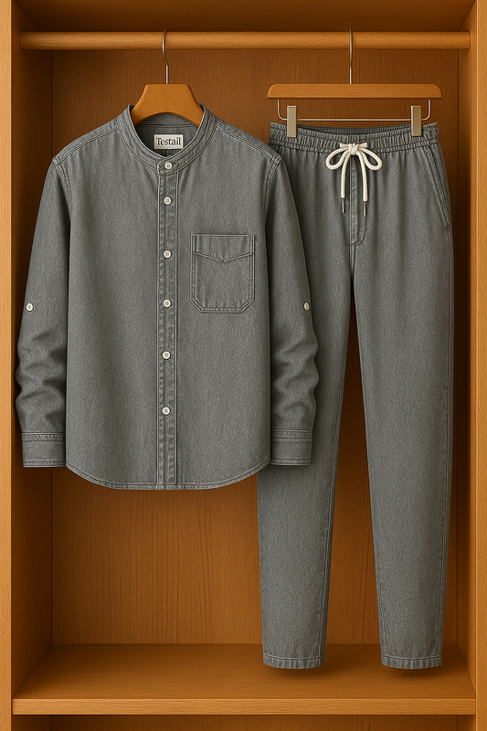 Mens Button Up Cotton Chambray Denim Full Sleeve Shirt and Pants Set TTMSPTS10 - Grey