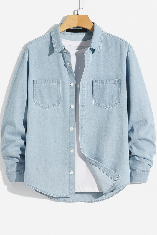 Mens Button Up Cotton Chambray Denim Full Sleeve Shirt TTMBUS82 - Blue