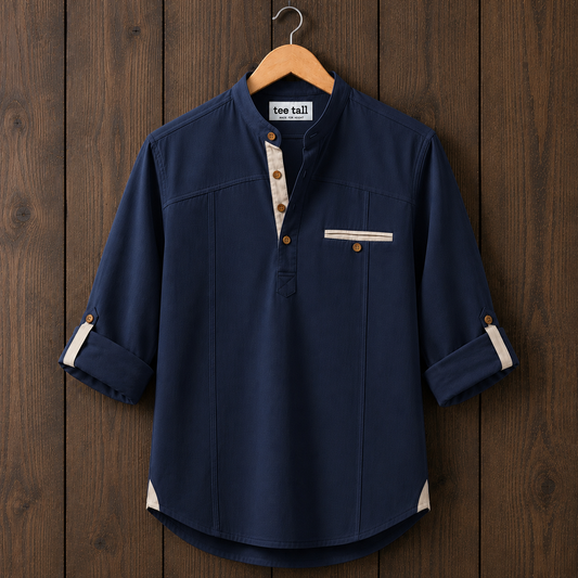 Mens Short Cotton Full Sleeve Kurta TTMSK127 - Navy Blue