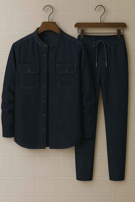 Mens Button Up Cotton Chambray Denim Full Sleeve Shirt and Pants Set TTMSPTS24 - Blue