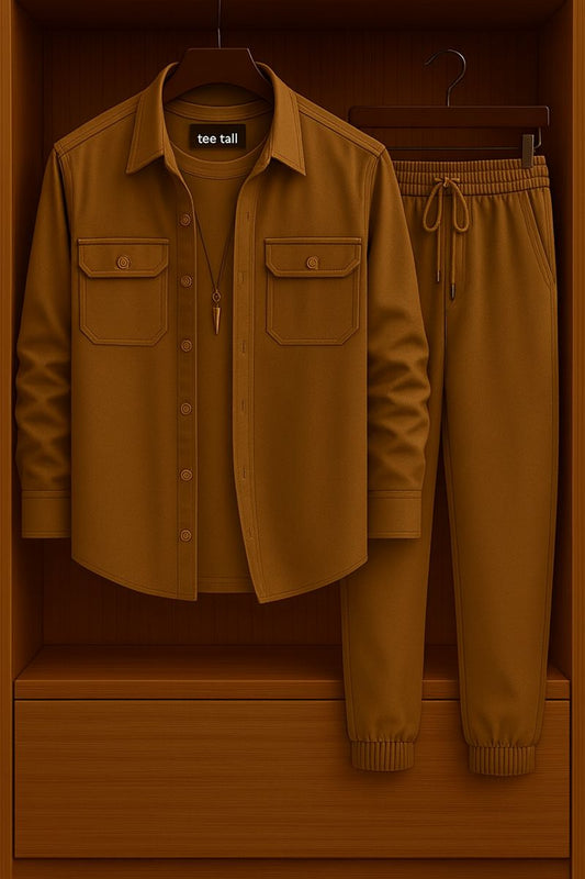 Mens Button Up Cotton Full Sleeve Shirt and Pants Set TTMSPTS35 - Brown