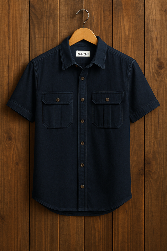Mens Button Up Cotton Chambray Denim Half Sleeve Shirt TTMBUS58 - Blue