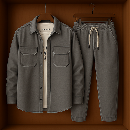 Mens Button Up Cotton Chambray Denim Full Sleeve Shirt and Pants Set TTMSPTS18 - Grey