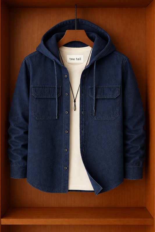 Mens Button Up Cotton Chambray Denim Hooded Full Sleeve Shirt TTMBUS141 - Blue