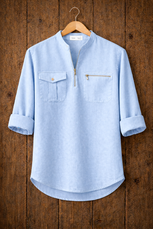 Mens Short Cotton Full Sleeve Kurta TTMSK74 - Light Blue
