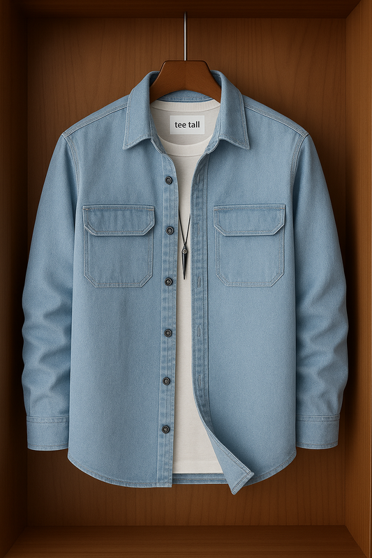 Mens Button Up Cotton Chambray Denim Full Sleeve Shirt TTMBUS72- Blue