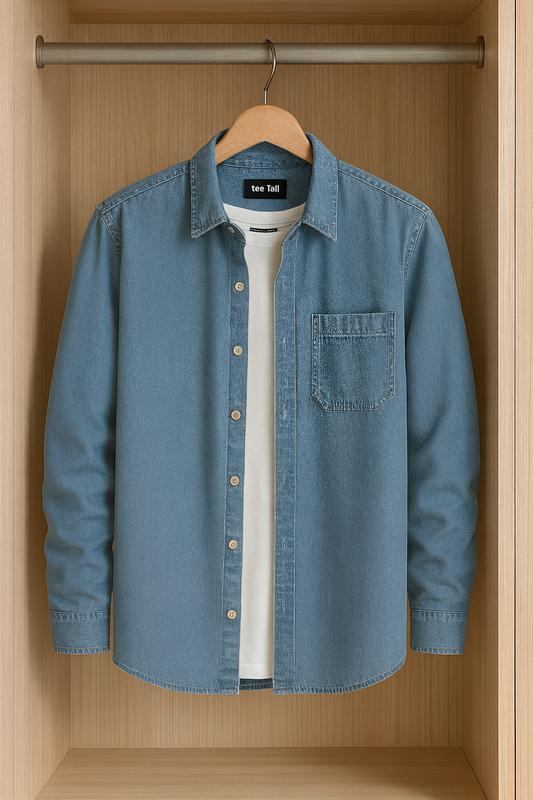 Mens Button Up Cotton Chambray Denim Full Sleeve Shirt TTMBUS45 - Blue
