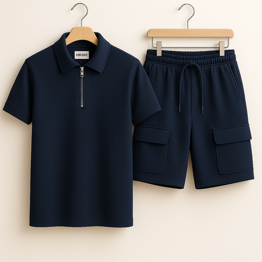 Mens Premium Polo and Cargo Shorts Co Ord Set GRMPSHO1 - Navy Blue Navy Blue