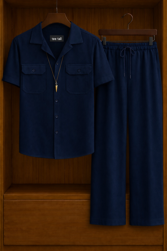 Mens Button Up Viscose Shirt and Pants Set TTMSPTS45 - Navy Blue