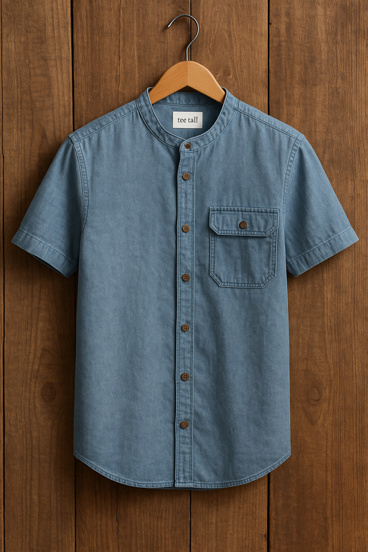 Mens Button Up Cotton Chambray Denim Half Sleeve Shirt TTMBUS54 - Blue