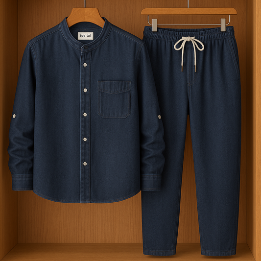Mens Button Up Cotton Chambray Denim Full Sleeve Shirt and Pants Set TTMSPTS6 - Blue
