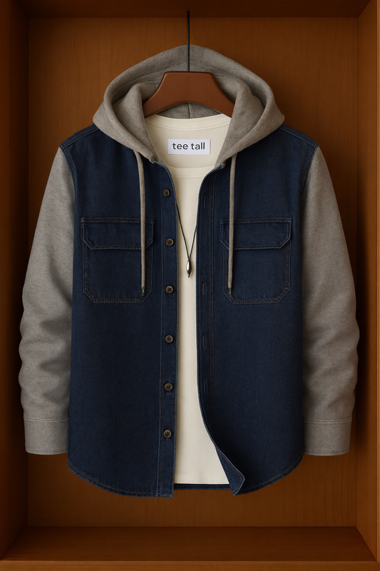 Mens Button Up Cotton Chambray Denim Hooded Full Sleeve Shirt TTMBUS133 - Blue